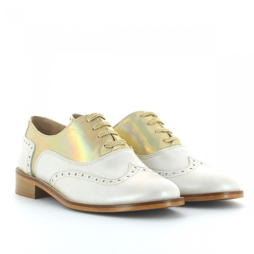 Sapato Branco/Ouro Oxford de Couro Feminino